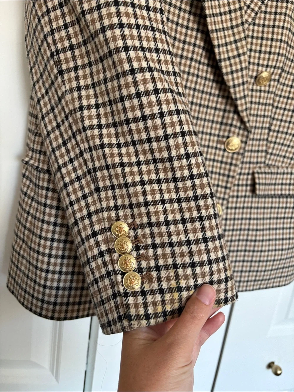 J. Crew Nello Gori Double-Breasted Houndstooth Blazer in Tan & Black - Size 16